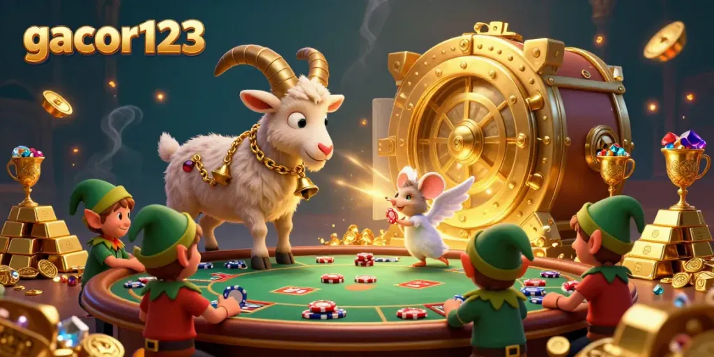 Experience the excitement of gacor123 in a captivating casino scene filled with golden treasures and playful characters.