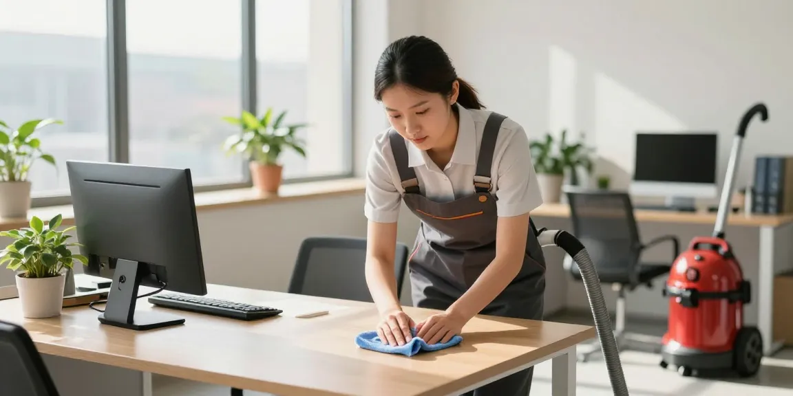 Büroreinigung durch professionelle Reinigungskraft in einem modernen Büro mit nachhaltigen Reinigungsmitteln und organisierten Arbeitsbereichen.
