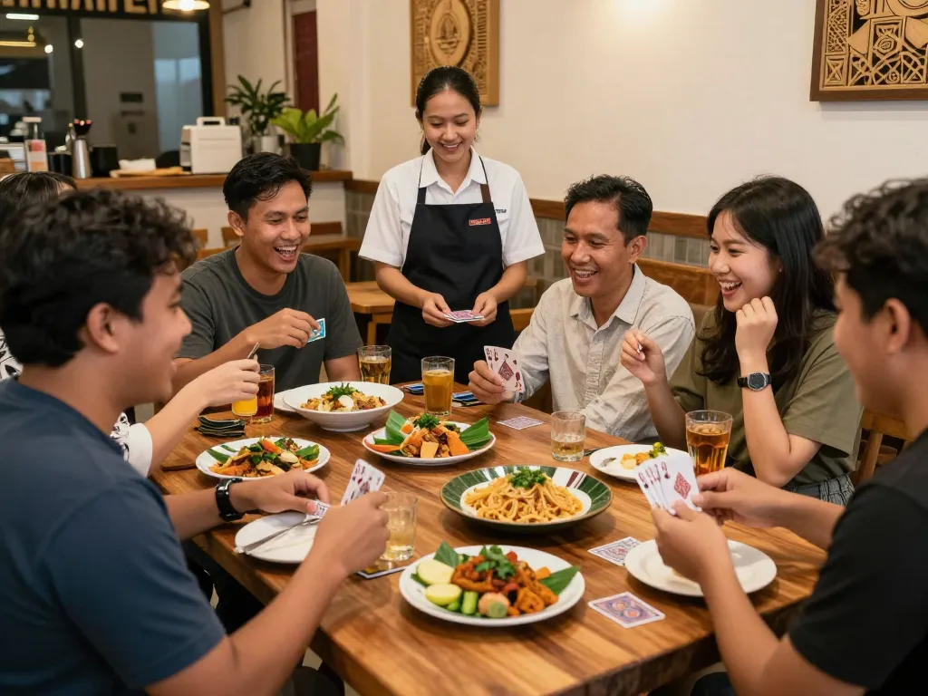 Engaging scene at POKERSERI restaurant showing friends enjoying gourmet food and card games in a lively atmosphere.