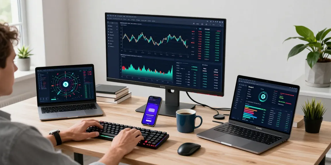 Engaging workspace for bitcoin mining investment with cryptocurrency dashboards, laptop, and trading tools, showcasing blockchain trading.