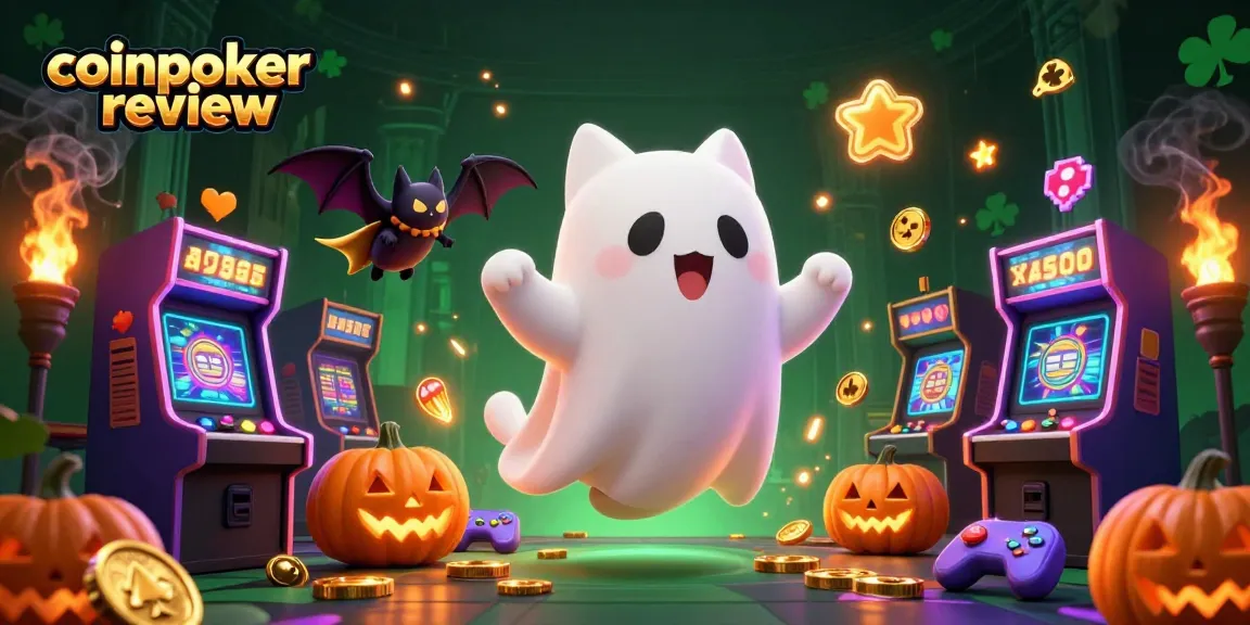 Giocare su CoinPoker: fantastica illustrazione di un gatto fantasma e un pipistrello in un casinò.