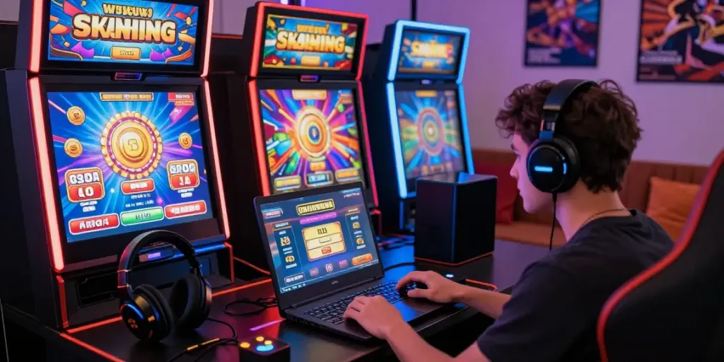 Permainan slot777 yang menarik dengan mesin slot dan suasana energik di ruang permainan.
