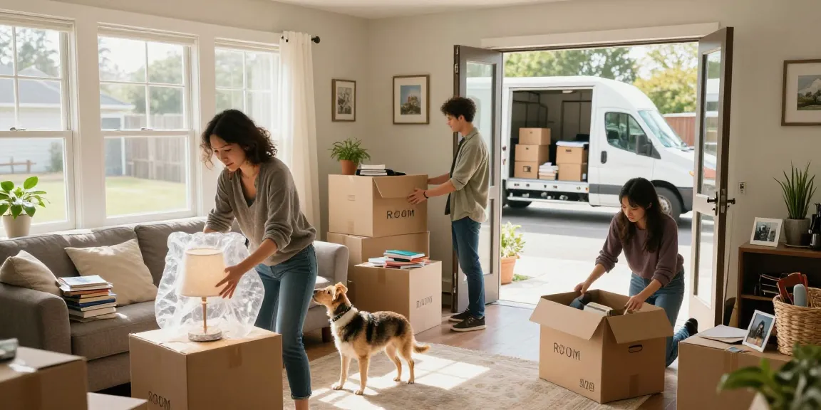 Cullen Moving team packing household items in a bright living room, preparing for a smooth move.