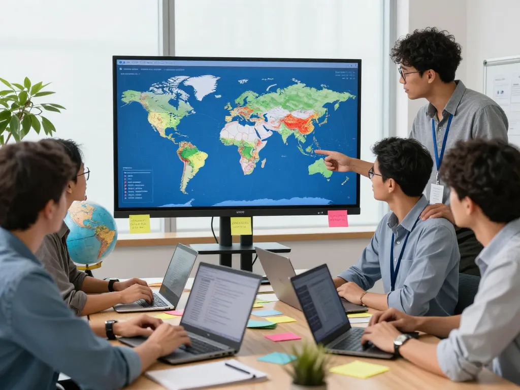Analysts discussing geopolitics in a modern office setting with data visualization tools.