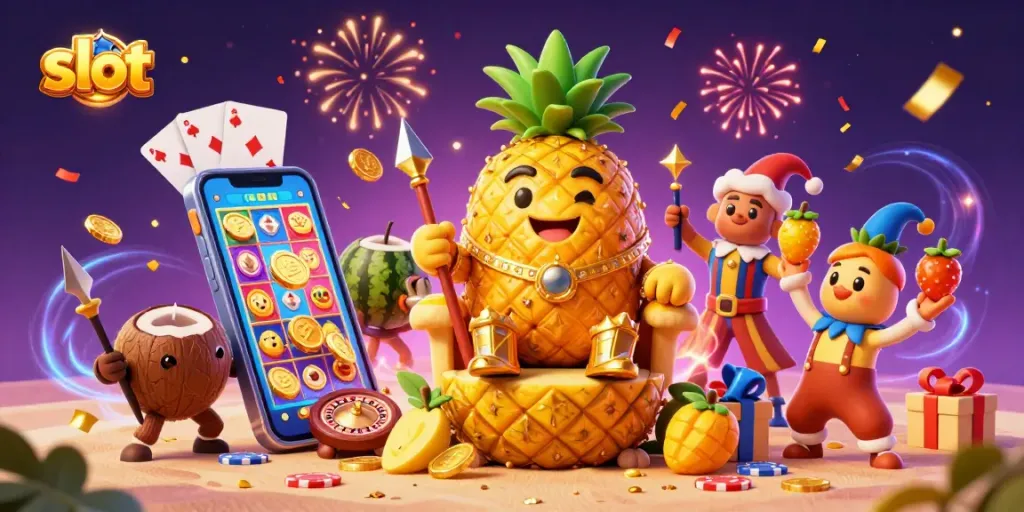 Slot permainan dengan karakter raja nanas dan kasino ceria di pantai, menangkan jackpot!