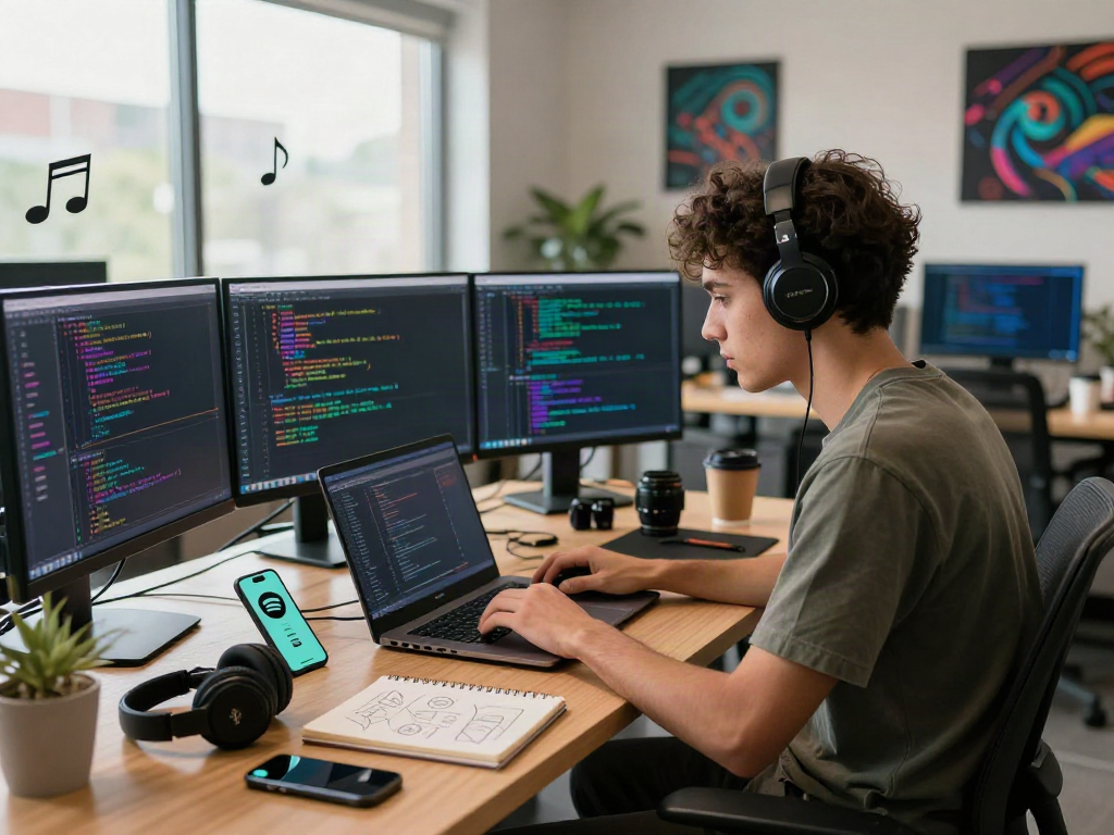 Developer coding with spotify mod app ideas in a vibrant tech workspace