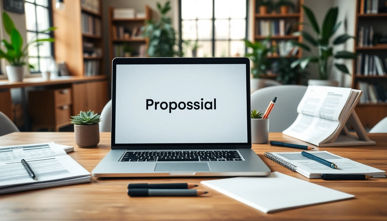 Engaging scene of Proposal Writing and Management process in an organized office workspace.