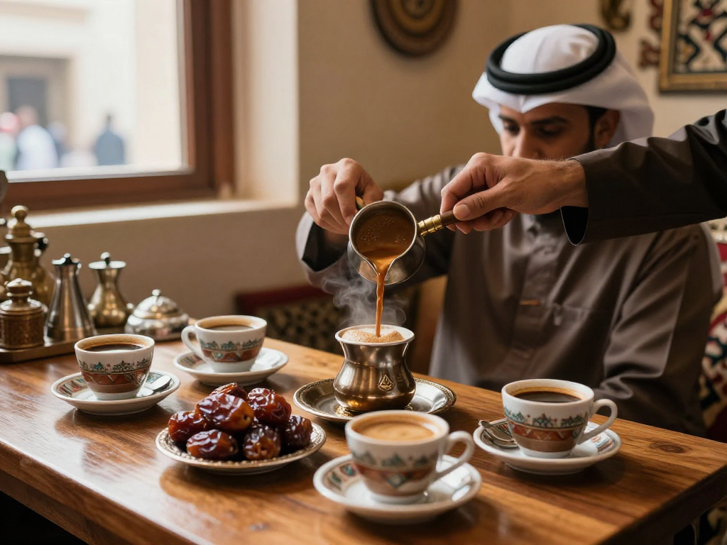 قهوجي الرياض يجهز القهوة العربية في مقهى تقليدي بالرياض، مع أجواء دافئة ومرحب بها.