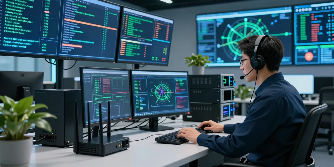 IT professional analyzing cybersecurity data on shs-dome5.com screens in a command center.