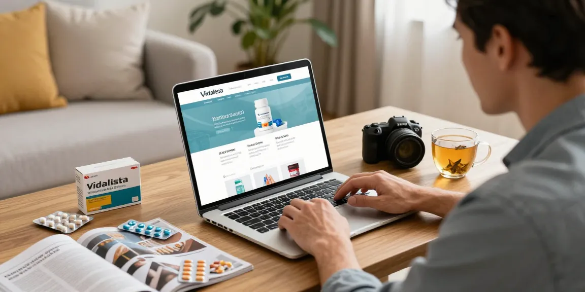 Man shopping for Vidalista online, examining discreet packaging in a cozy home setting.