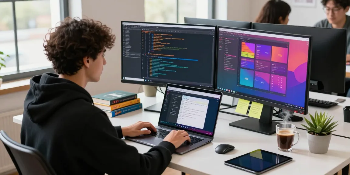 Developer coding in a vibrant workspace while showcasing WhatsApp下載 compatibility across devices.