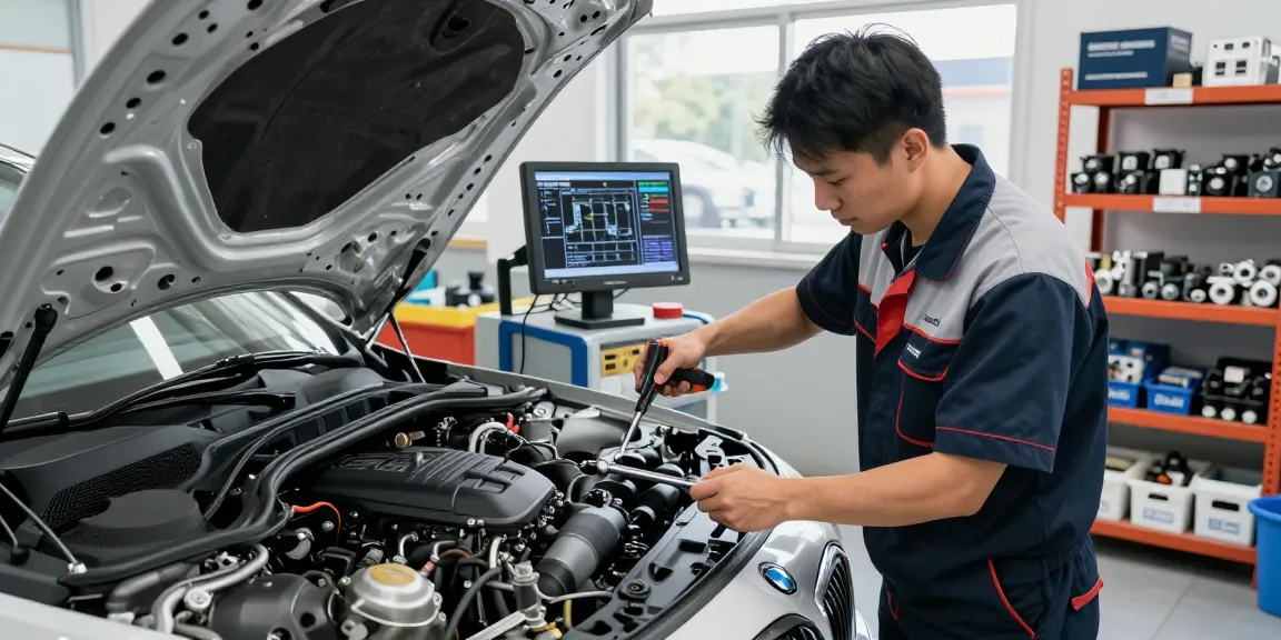 Professioneller BMW Werkstatt Hannover mit Mechaniker, der Motor inspiziert.