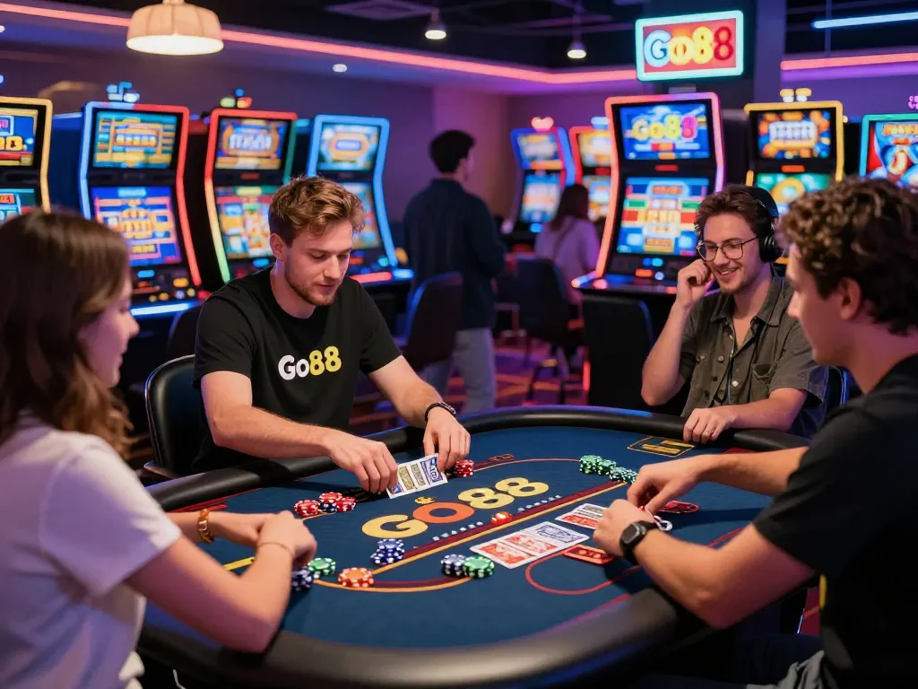 Go88 online gaming excitement with players at a casino table and vibrant slot machines
