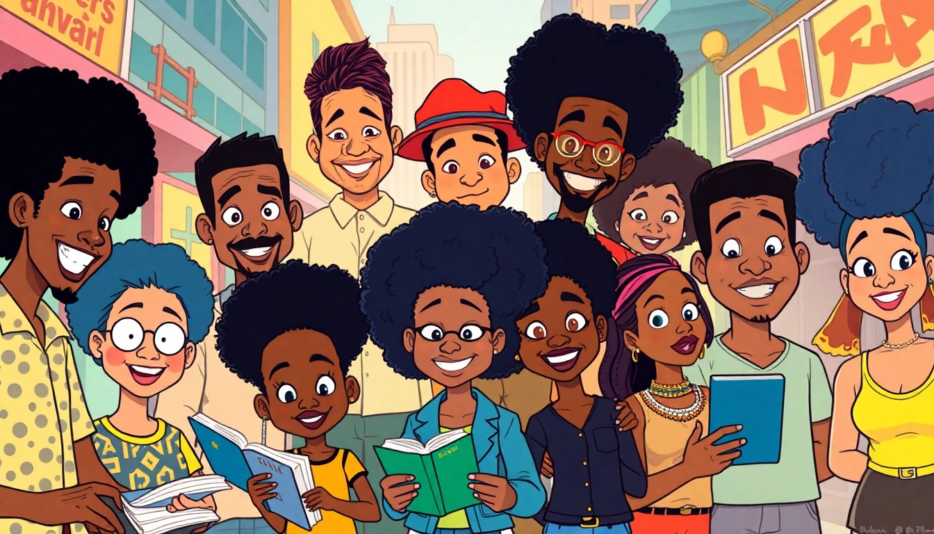 A lively depiction of iconic African American Cartoons in a vibrant urban setting, showcasing cultural diversity and character styles.