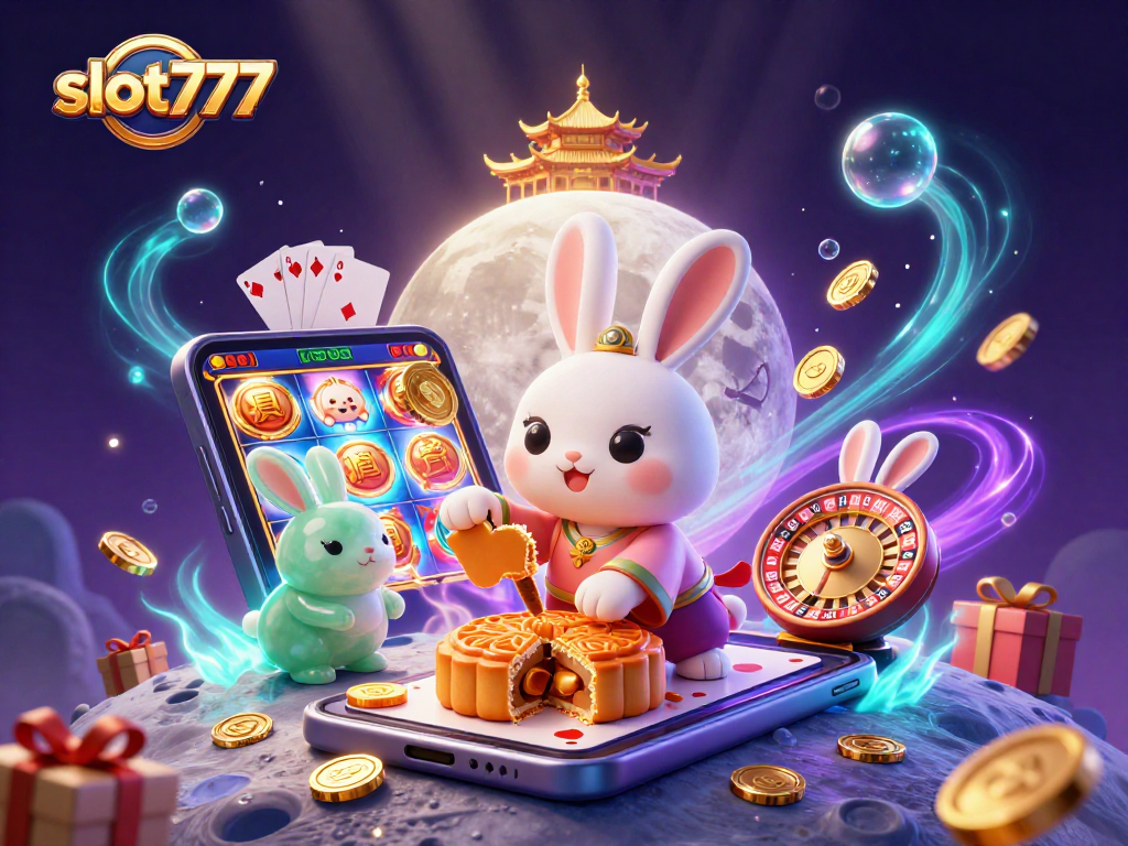 Spin to win at slot777 with a whimsical moon rabbit breaking golden mooncakes for big jackpots.
