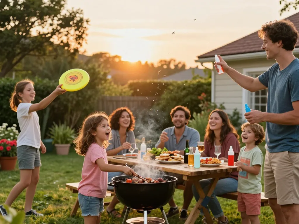Family enjoying outdoor barbecue while using the Best Mosquito Repellent to stay bite-free.