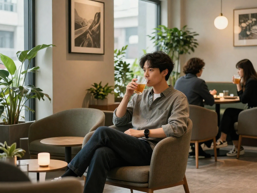 강남쩜오의 편안한 분위기에서 다양한 방문객들이 여유로운 시간을 보내는 모습