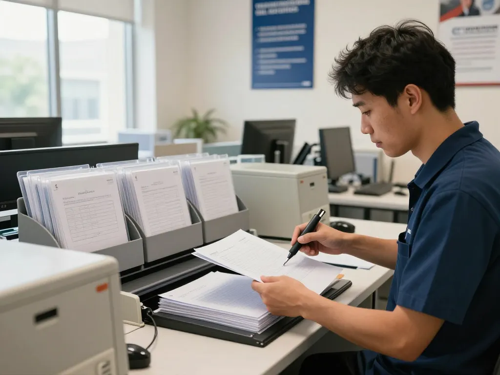 Reliable địa chỉ bóc ép plastic hà nội with professionals handling plastic-encased documents in a bright office.