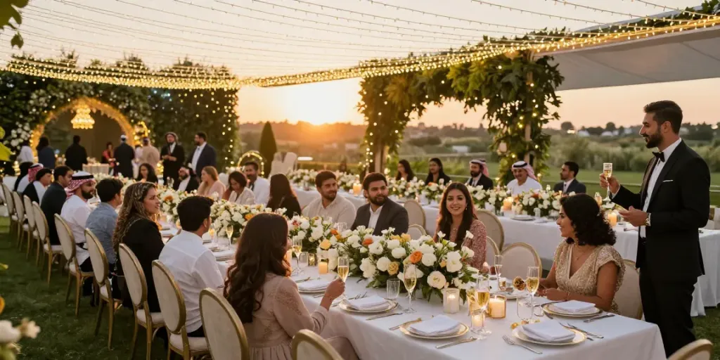 Stunning wedding event rental setup in KSA featuring exquisite decor and joyful guests.