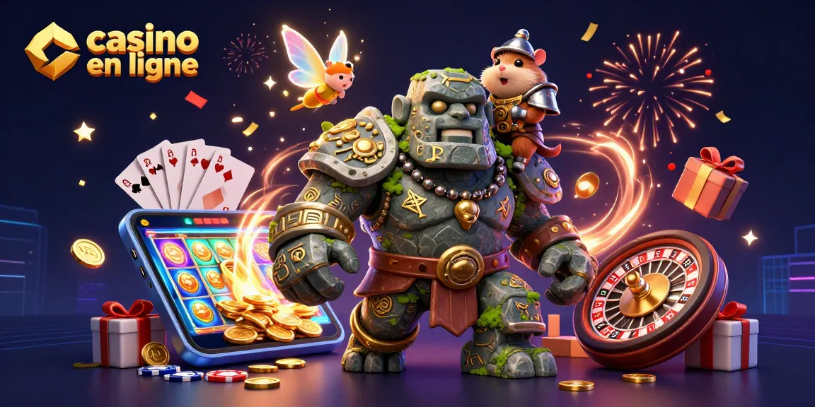 Gagnez gros avec un casino en ligne : illustration dynamique d'un golem gardien, d'une fée magique, et d'un hamster chevalier.