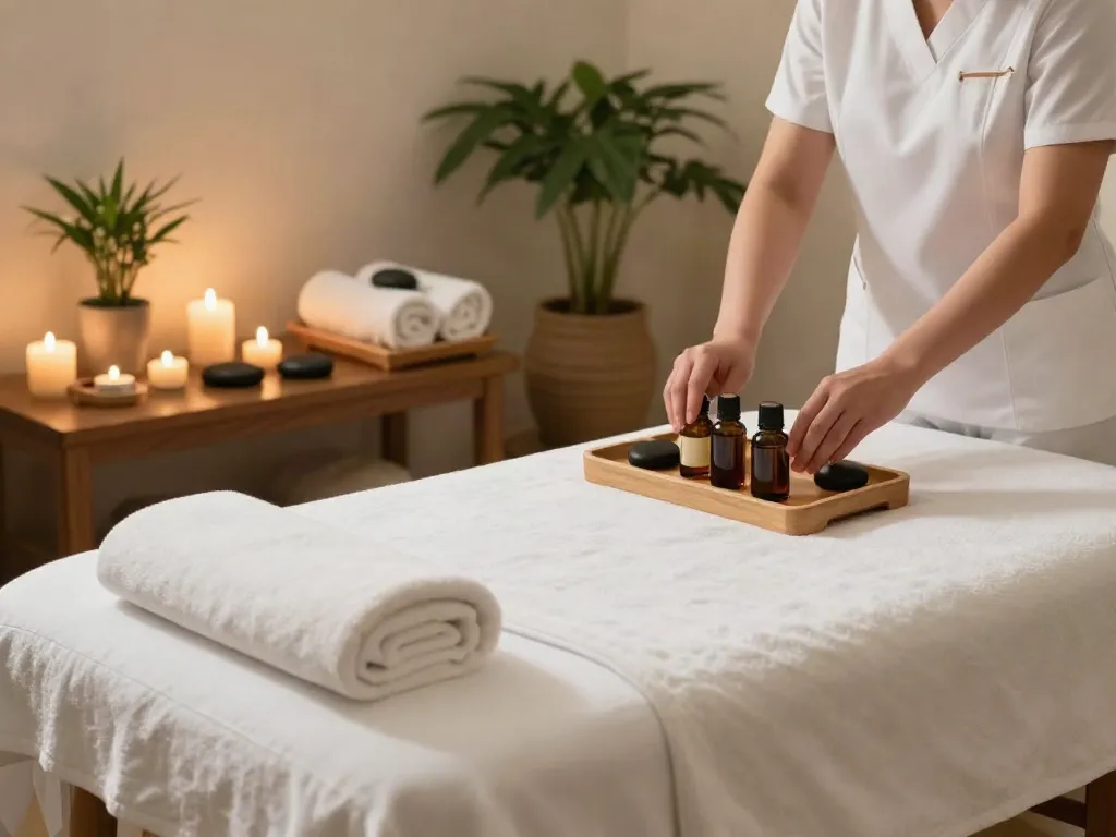 용인출장마사지 in a serene spa room with massage table and aromatic oils.