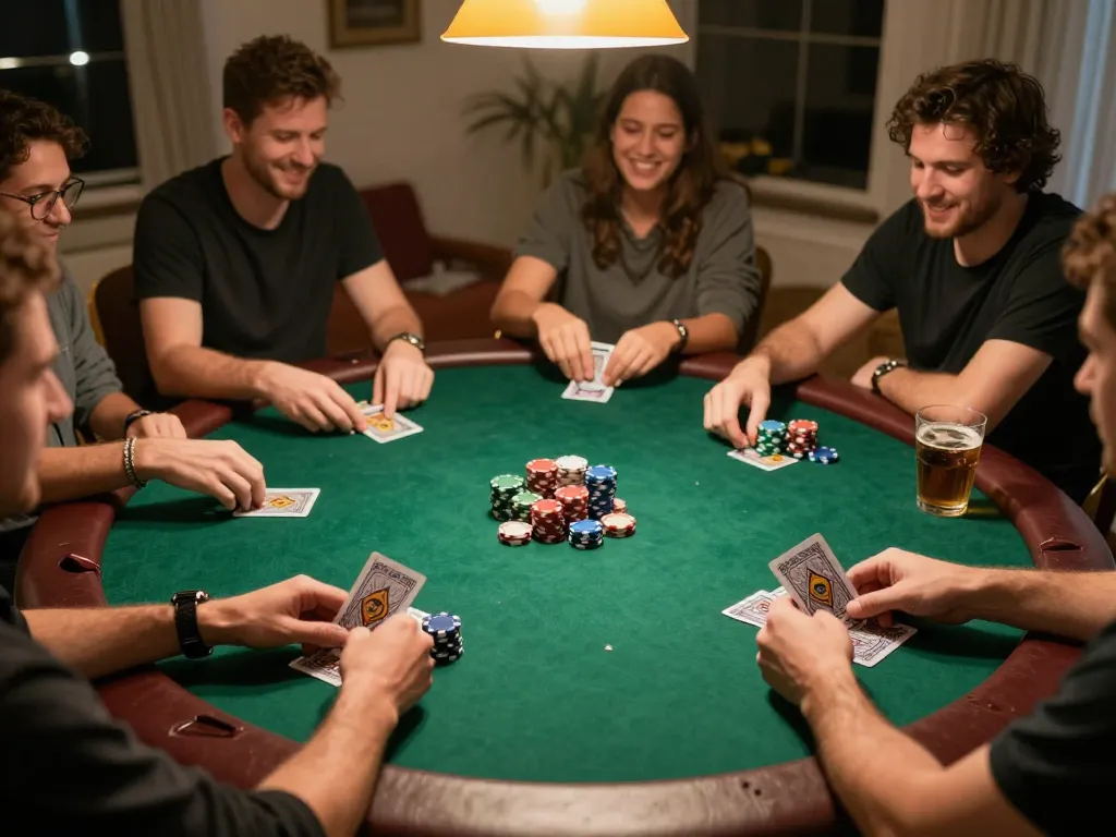 Players strategizing at a home poker night, showcasing the fun of gambling at 98win vin