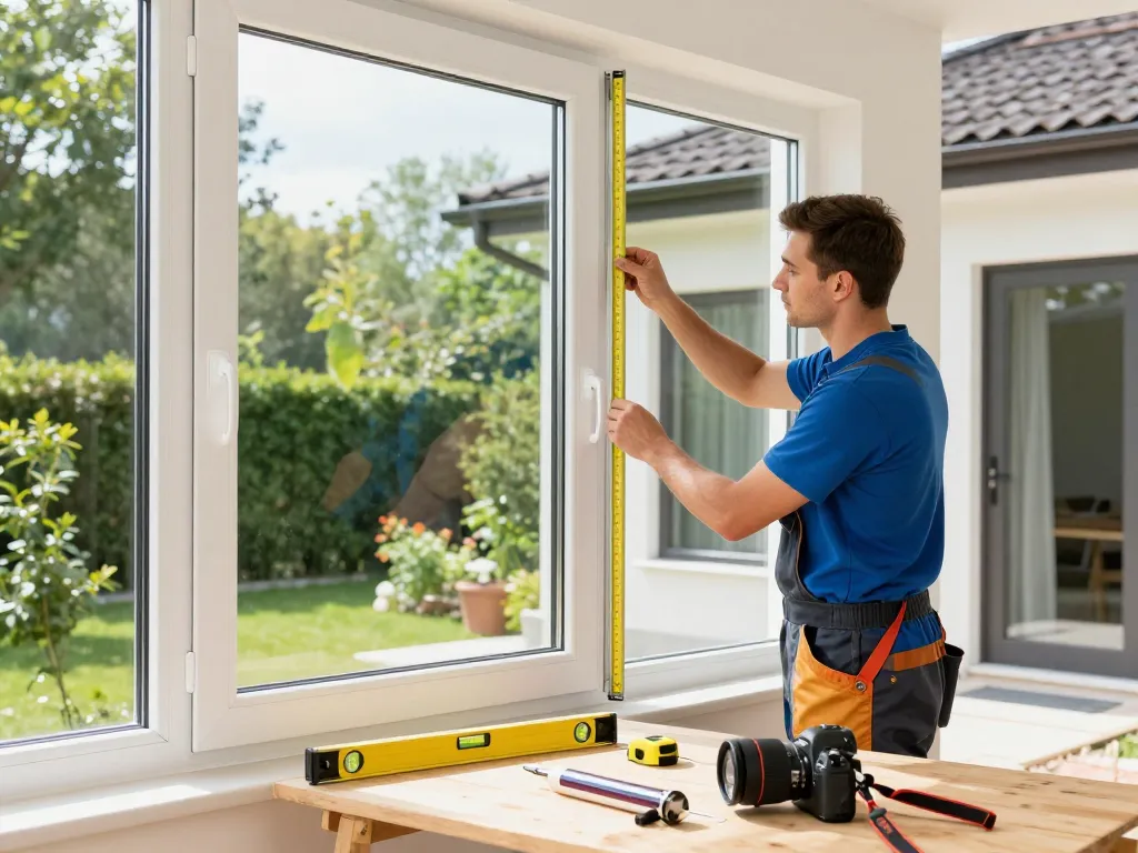 Experte im Fensterbau installiert hochwertige Fenster in einer sonnigen Wohnumgebung.