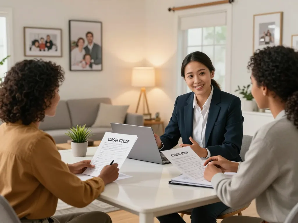We buy houses for cash with a friendly agent consulting a couple over offers.