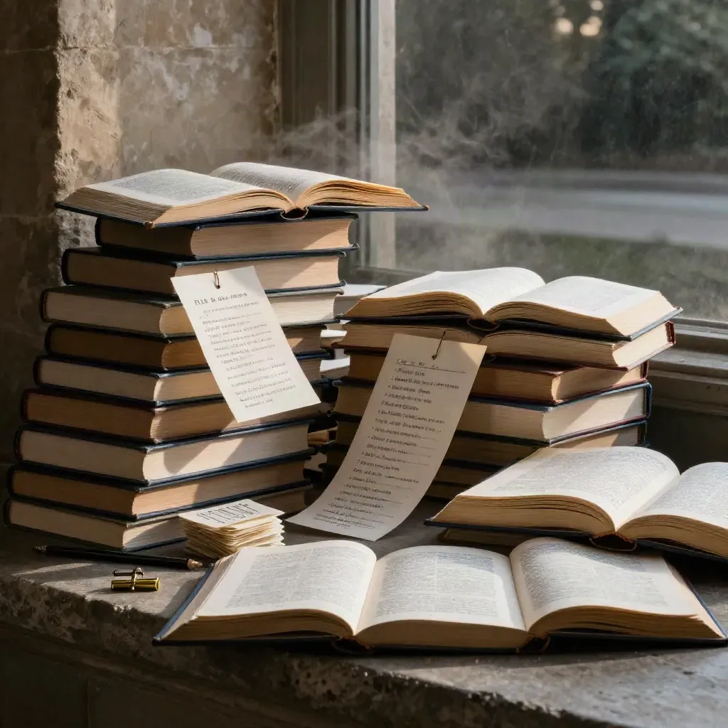 Layered reference books, study cards, tabs and pencils in dramatic library light.