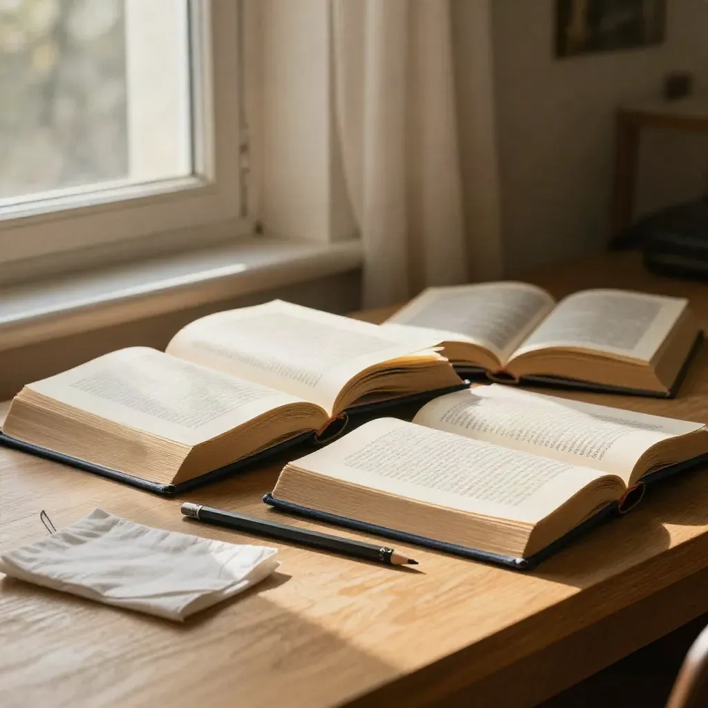 Open reference books on a study desk by a north window, with linen and pencil in warm light.