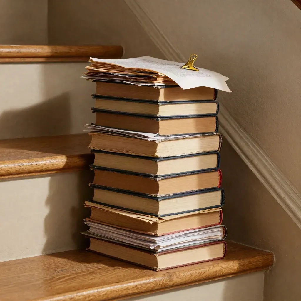 Gold clip on a stack of annotation books on a stair landing with a curling page