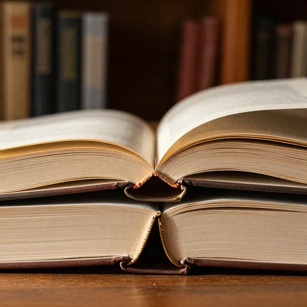 Two opened reference books, tabs and brass clip, in dust-filled shaft light.
