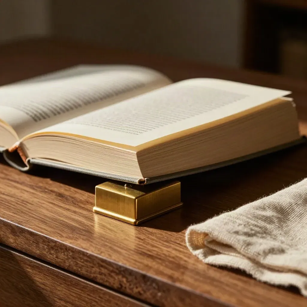 Brass paperweight pinning open guide pages on a warm walnut desk in soft window light.