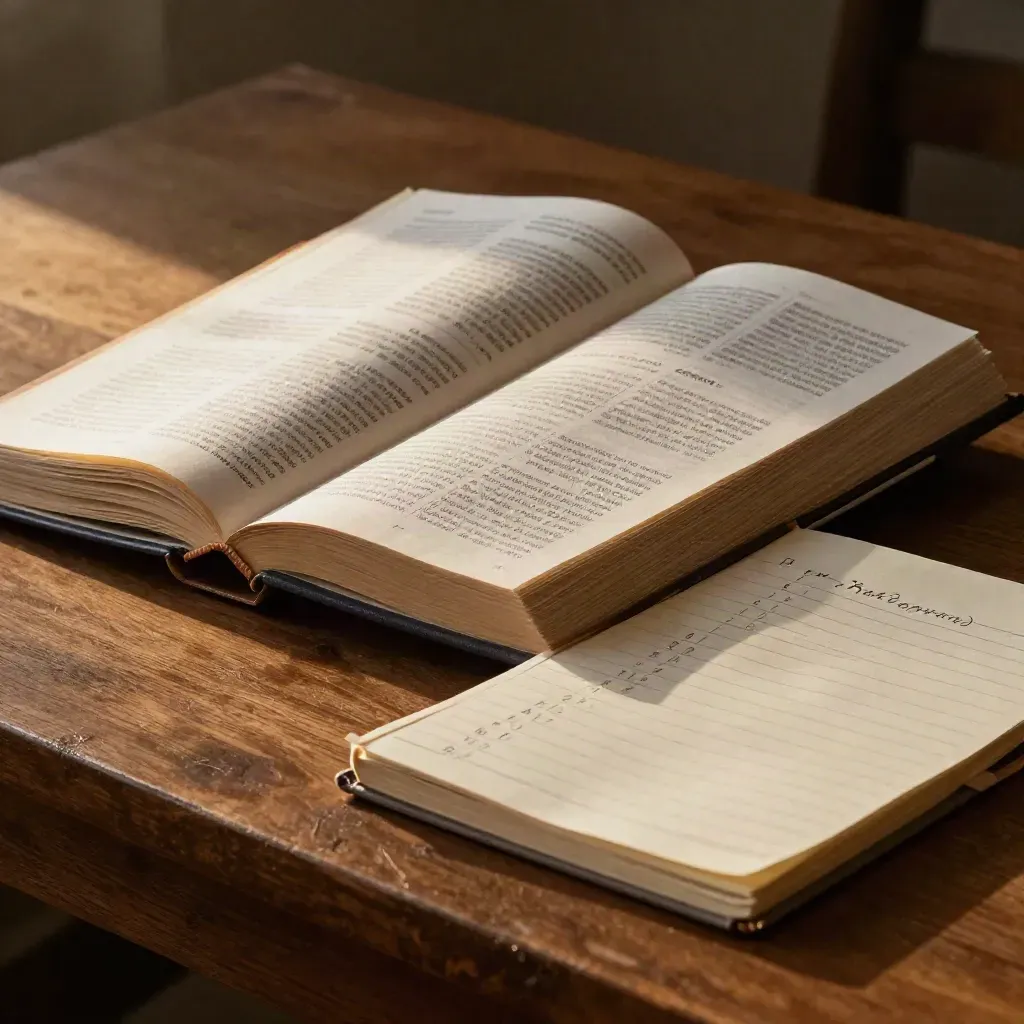 Open verb guides, a marked notebook, and paper strips on a warm study table in late light.