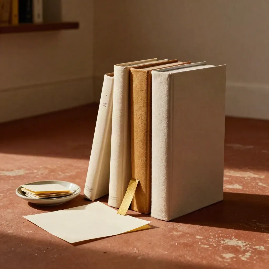 Three books, folded note, and paper tabs with one gold tab peeking out in warm side light.