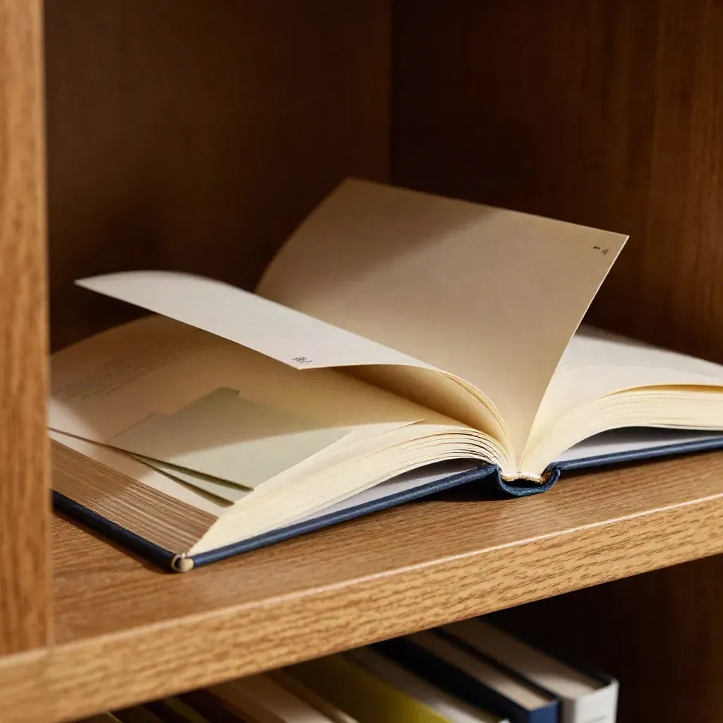 Open reference book with tabbed cards and a folded notebook seen through a shelf gap