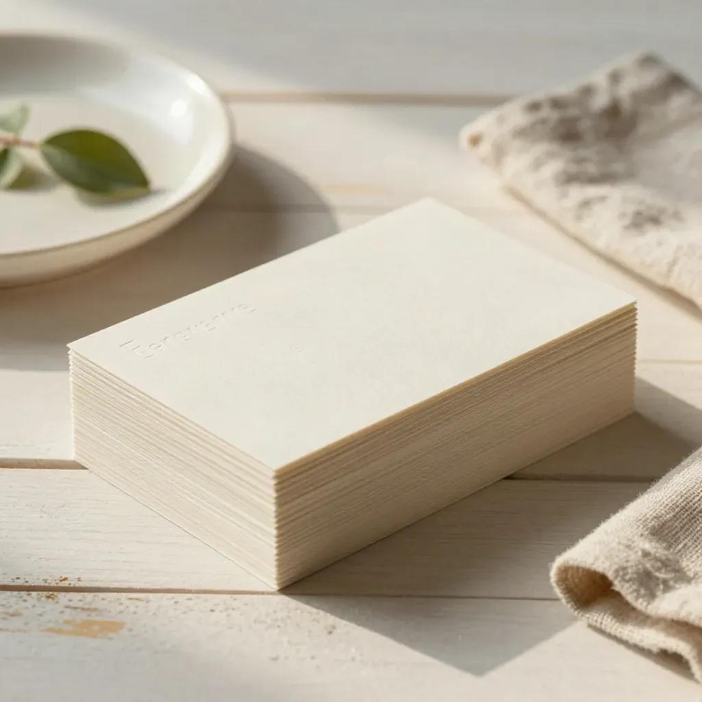 Tone cards, ceramic dish, linen napkin, and leafy stem on pale wood.
