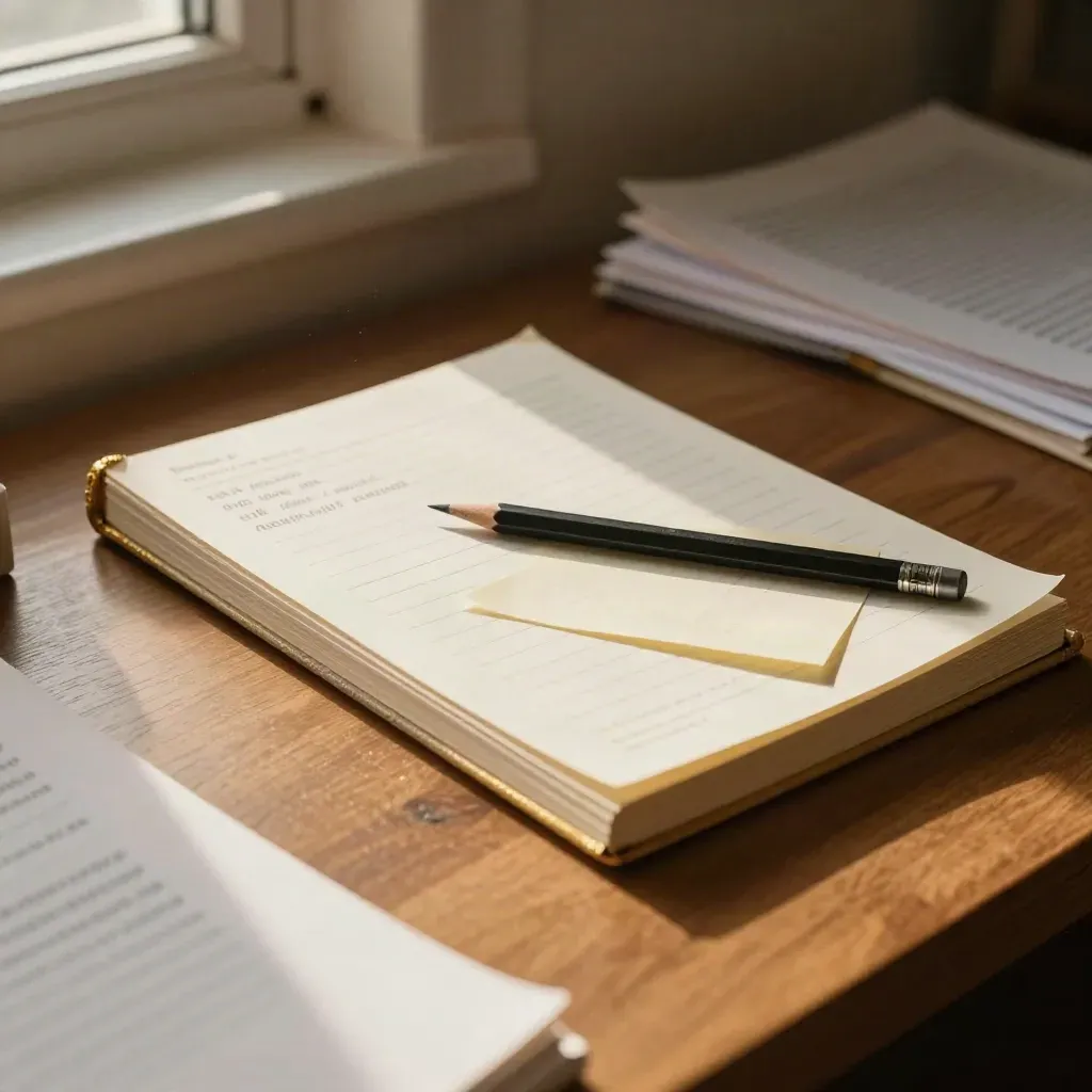 Essay-editing still life with worn guide, pencil, revision slips, and late window light.