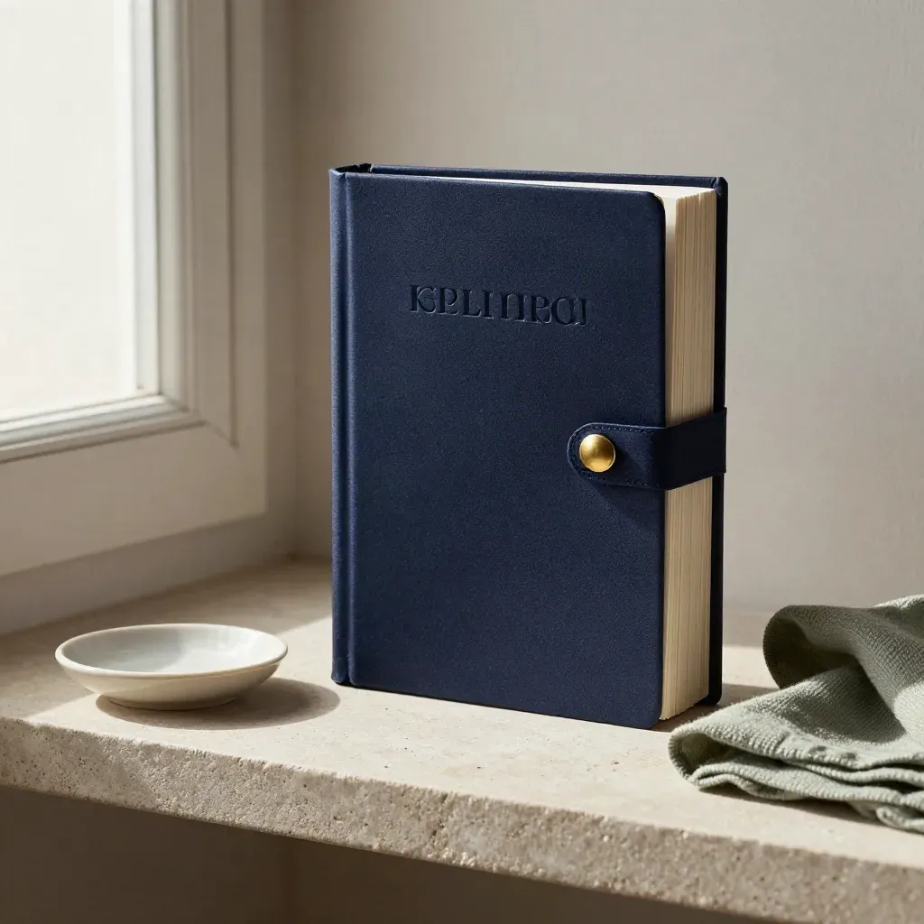 Navy word guide with brass clip, ceramic dish, and sage cloth on stone shelf