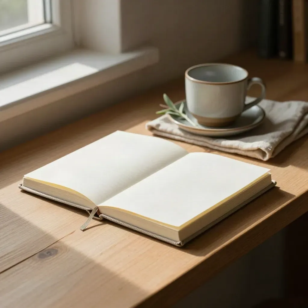 Study kit with vocabulary book, half-open notebook, ceramic cup, and sage cloth on wood.