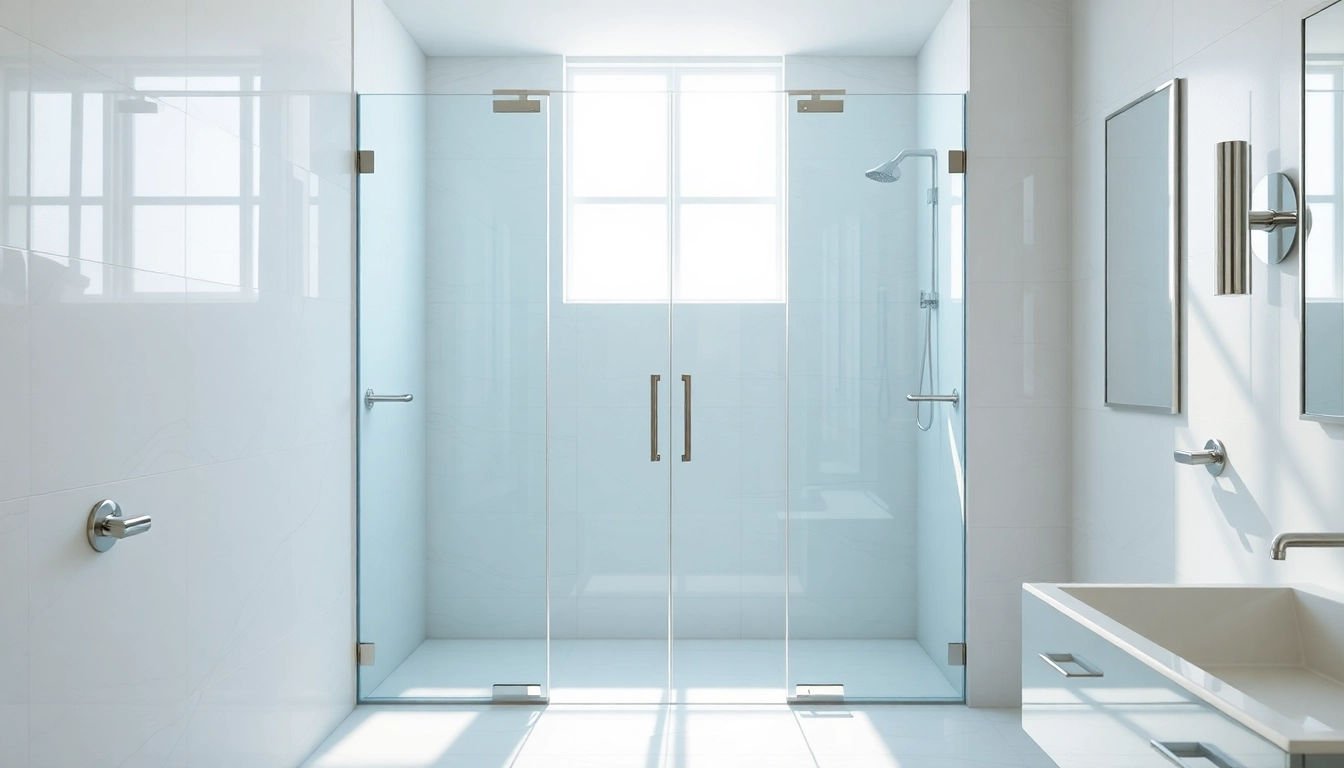 Showcasing glass shower doors with elegant design in a modern bathroom setting.