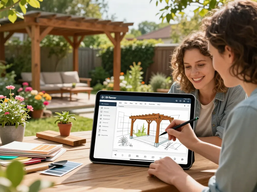 Couple using a pergola 3D planner in a sunny garden setting, visualizing their design.
