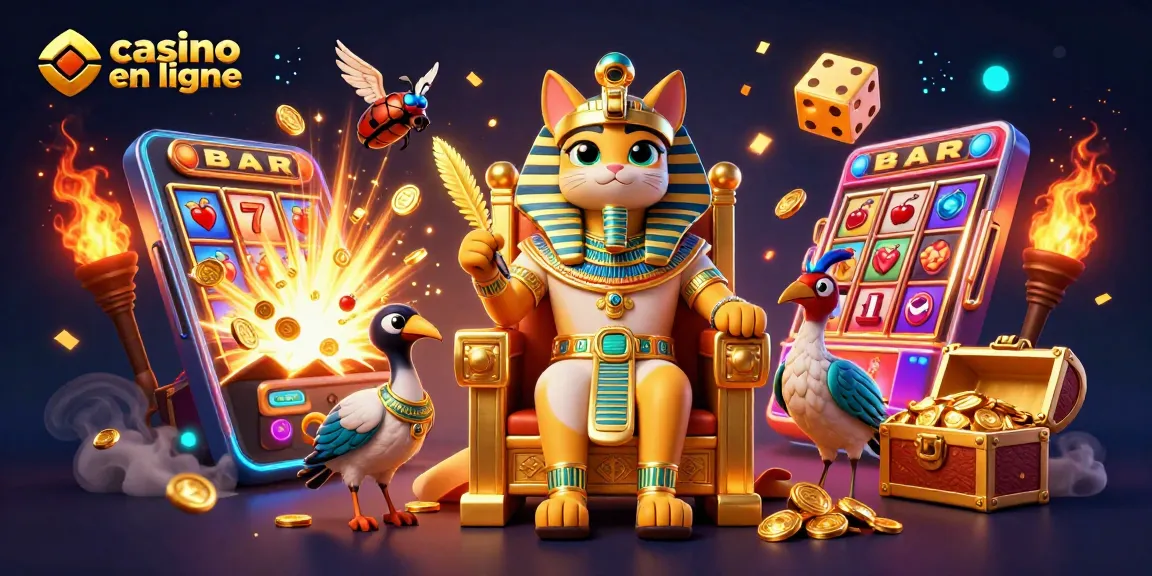 Vivez l'excitation du casino en ligne avec un pharaon, un ibis, et des machines à sous dorées.