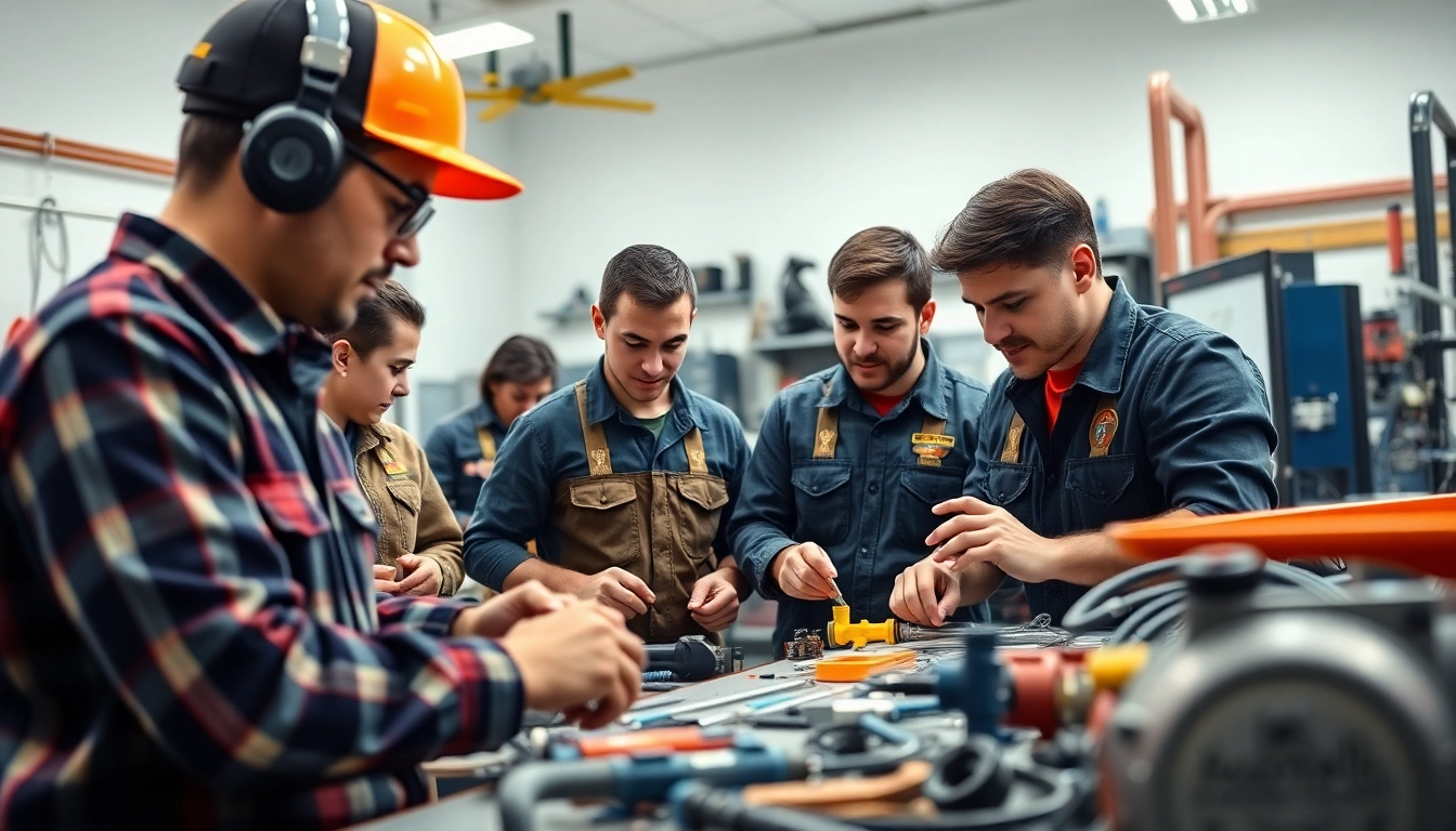 Students learning at a trade school in Tennessee, engaging with tools and collaboration in a bright setting.