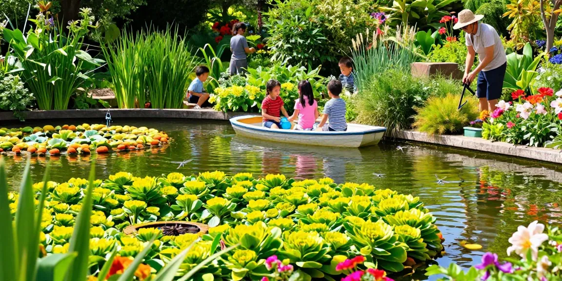 Marginal pond plants thriving in a joyful garden scene by a serene pond with playful children.