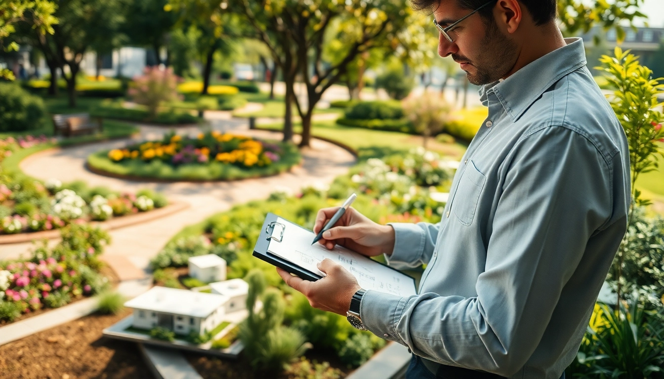 Landscape architect sketching designs in a vibrant outdoor environment.
