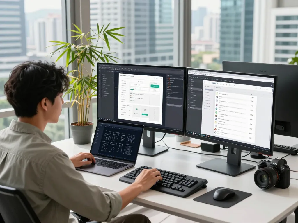 Freelance web design freelancer Kuala Lumpur focused on creating stunning websites in a modern workspace.