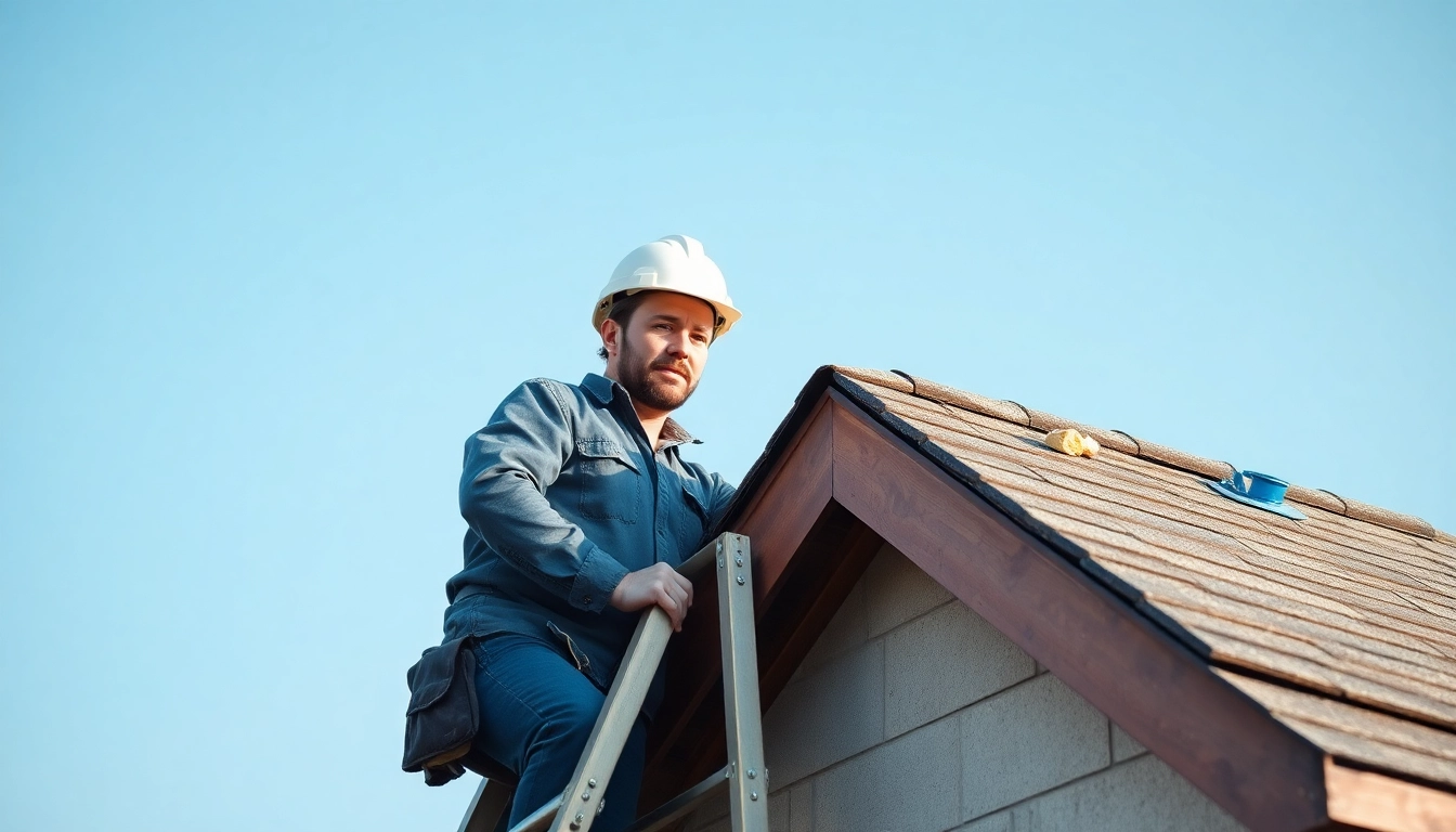 Roofing contractor assessing a residential roof from a ladder, demonstrating expertise and care.