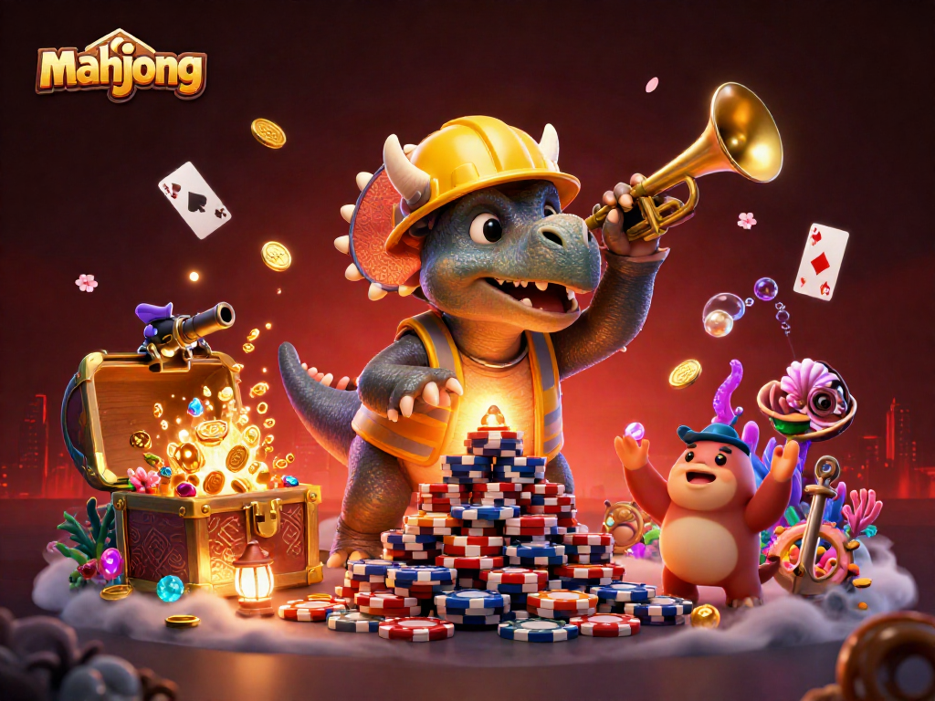 Enjoy mahjong action with vibrant characters celebrating in a packed casino scene.
