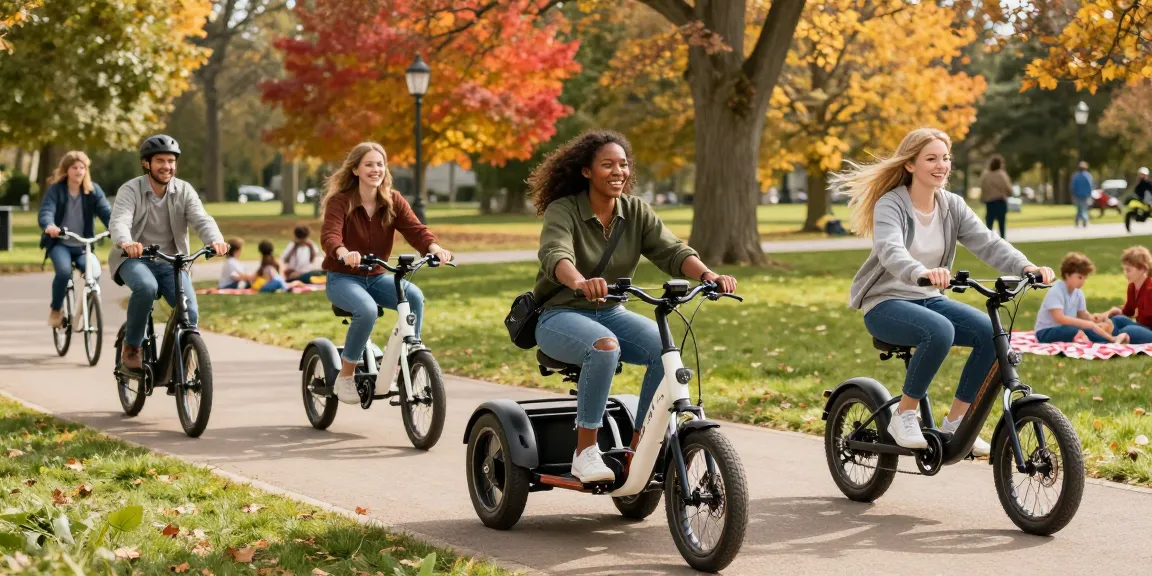 Joyful scene of riders on best electric tricycles in a park, highlighting freedom and community.